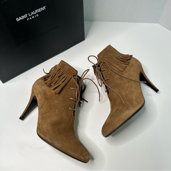 Saint Laurent Otterproof Fringe Lace-up Heels Booties - Picture 1 of 10